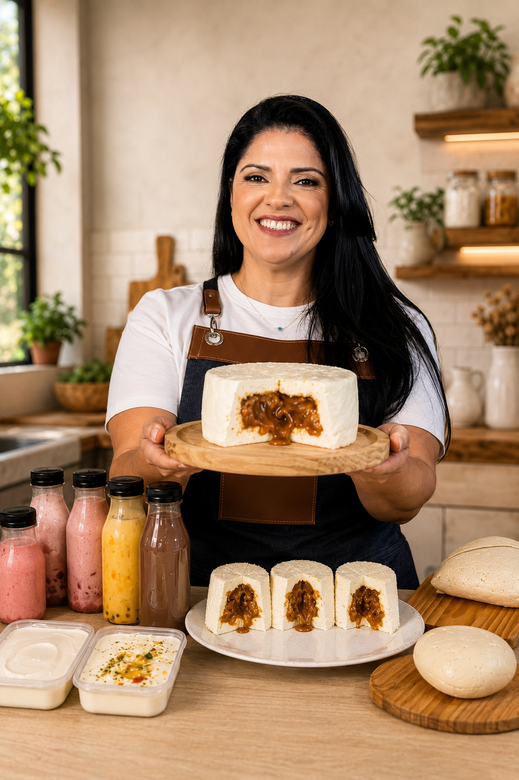 Queijeira feliz com seus produtos