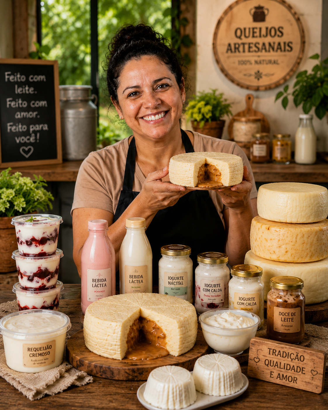 Queijeira feliz com seus produtos